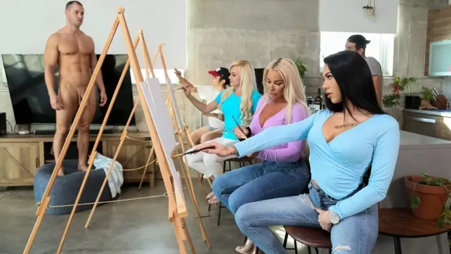 Two beauties fuck with a muscular model at an artist's course